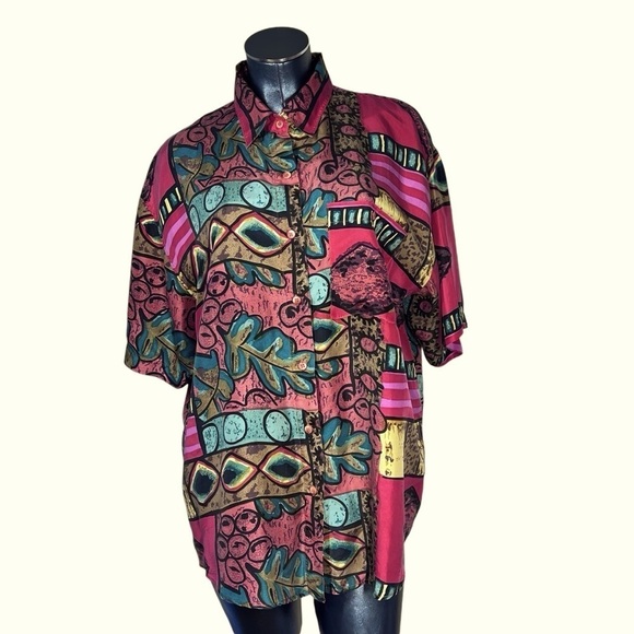 VTG STUNT COLLECTIONS Abstract Pattern Short Sleeve 100% Silk Shirt Women's L - Picture 6 of 16